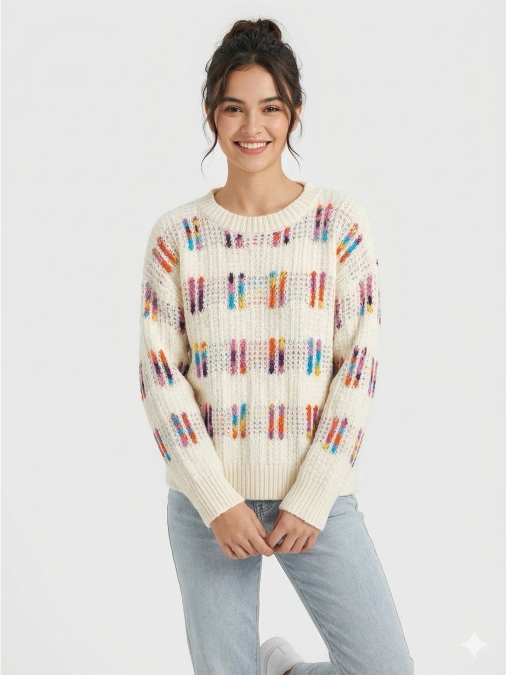 Cider Cream Crewneck Sweater with Multicolor Dash Pattern